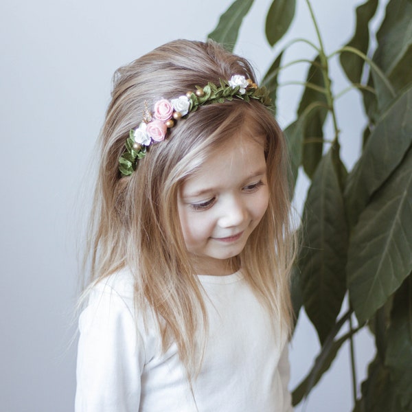 Flower girl crown Flower girl headband White  Pink Flower headband Bridesmaid crown greenery Bridesmaid headband Flower girl wand Rustic