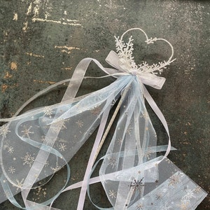 Dusty blue flower girl wand Magic wand winter Wand snowflakes wand fairy wand princess wand light blue ribbon wand wedding accessories