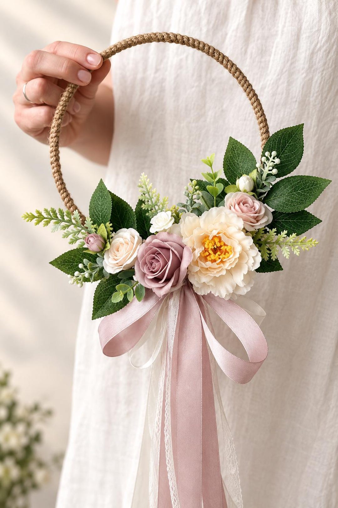 Blush Rose Wedding Hoop Bouquet: Ivory Floral Wreath, Bridesmaid