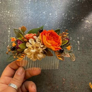 Autumn Wedding Flower Set: Burgundy Burnt Orange Hair Comb & Boutonniere