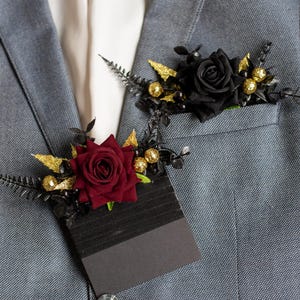 Gothic Burgundy & Black Rose Pocket Boutonniere: Halloween Wedding