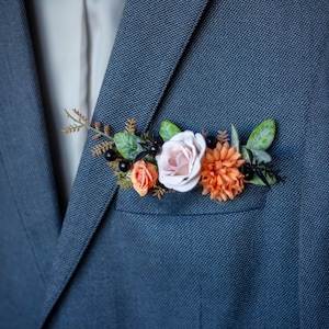 Sage Green & Orange Pocket Boutonniere: Autumn Wedding Flower