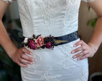 Burgundy Floral Bridal Belt: Black Satin Ribbon Wedding Sash  display picture 2