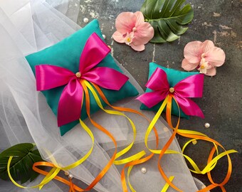 Tropical Ring Pillow – Turquoise Teal Wedding Pillow with Pink Bow | Bright Summer Wedding Ring Bearer Pillow