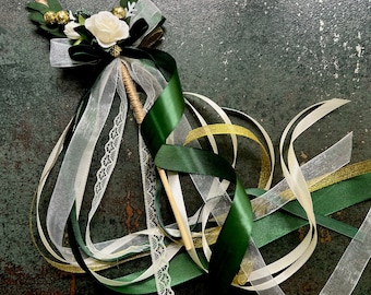 Winter Wedding Flower Girl Wand: Greenery, Hunter green, Gold & Ivory Ribbon