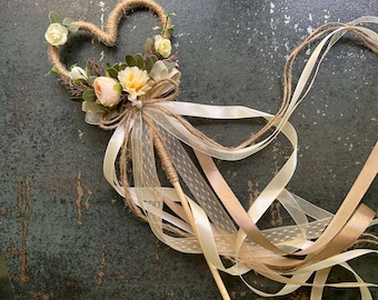 Rustic Flower Girl Wand: Heart, Dried Flowers, Boho Ribbon