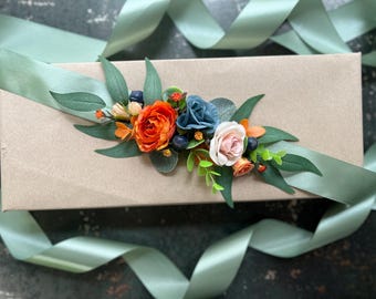 Orange Navy Floral Bridal Belt: Sage Green Ribbon Wedding  display picture 1