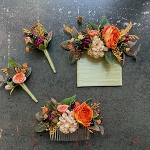 Autumn Pocket Boutonnière Burgundy Burnt Orange Boho Rustic Buttonholes Grooms Boutonnière wedding Terracotta Wedding Flower Pocket Square