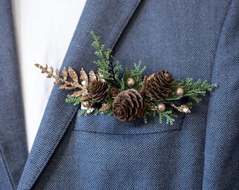 Winter Pine Cone Boutonniere: Rustic Groomsmen Wedding Accessory