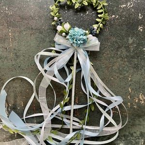 Dusty blue flower girl wand Magic wand Butterfly Wand flower wand fairy wand princess wand light blue ribbon wand wedding accessories