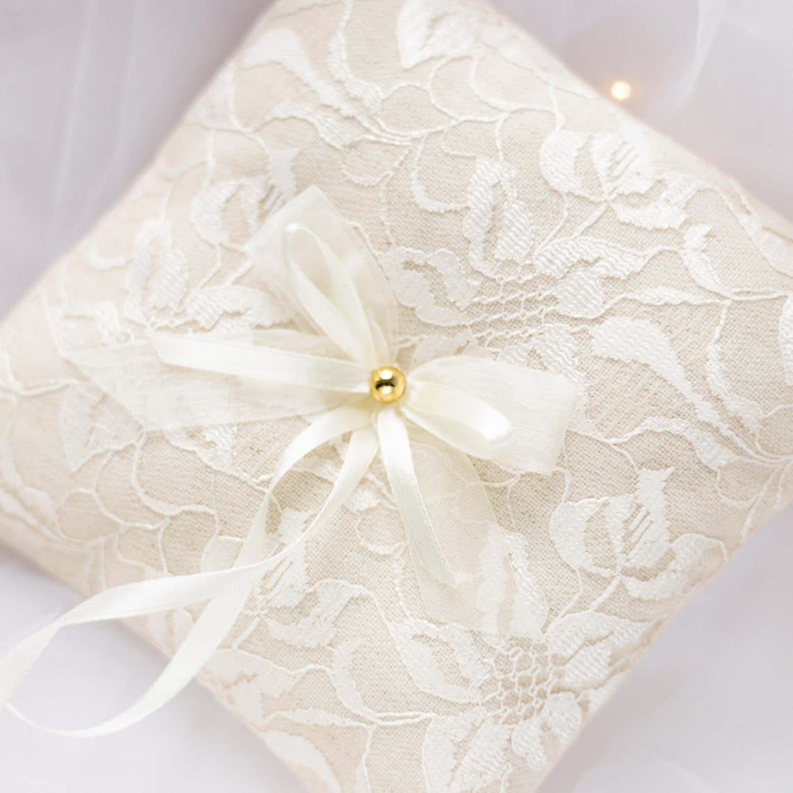 Ivory Satin Ring Bearer Pillow w/ Rhinestone Accents & Floral Detail main image 0