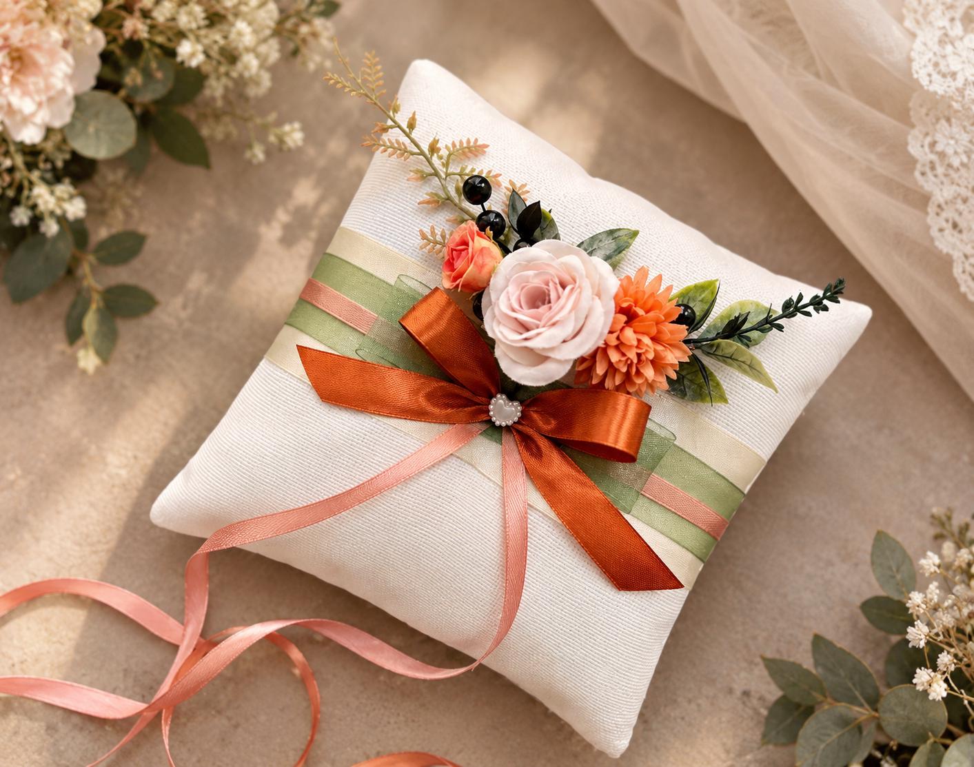 Autumn Wedding accessories Burgundy Orange Ring Bearer Pillow holder Ring Pillow Rustic Wedding Ring Flower ring holder Lace ring pillow