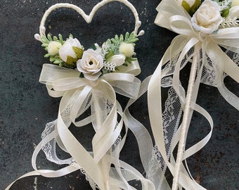flower girl wand Magic wand Butterfly Wand Heart wands flower wand fairy wand princess wand ivory ribbon wand wedding accessories