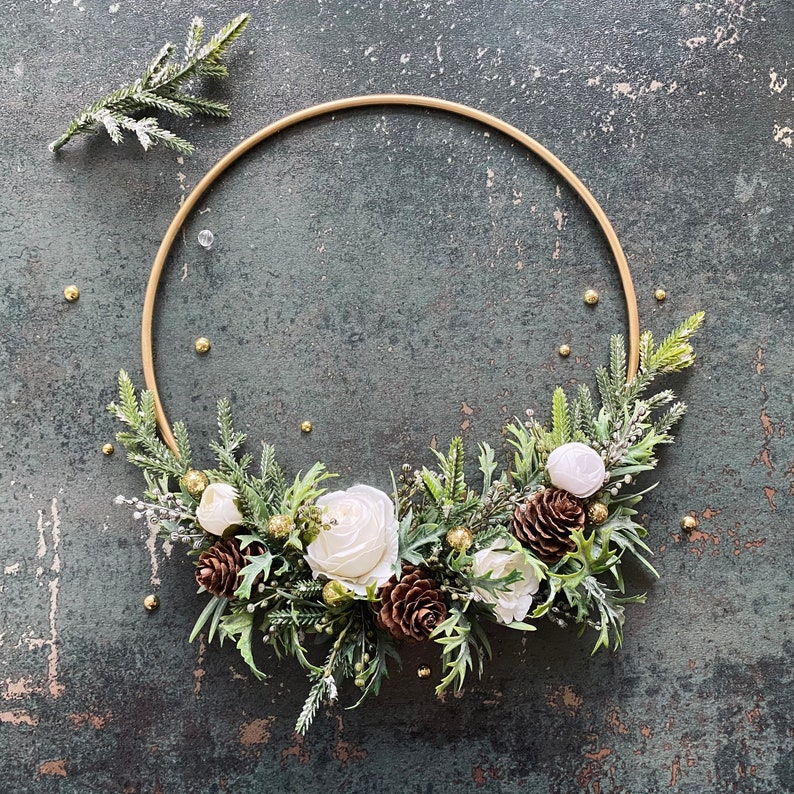 Winter wedding Bouquet Pine cone Bridesmaid hoop for a Small Winter Backyard Wedding On A Budget