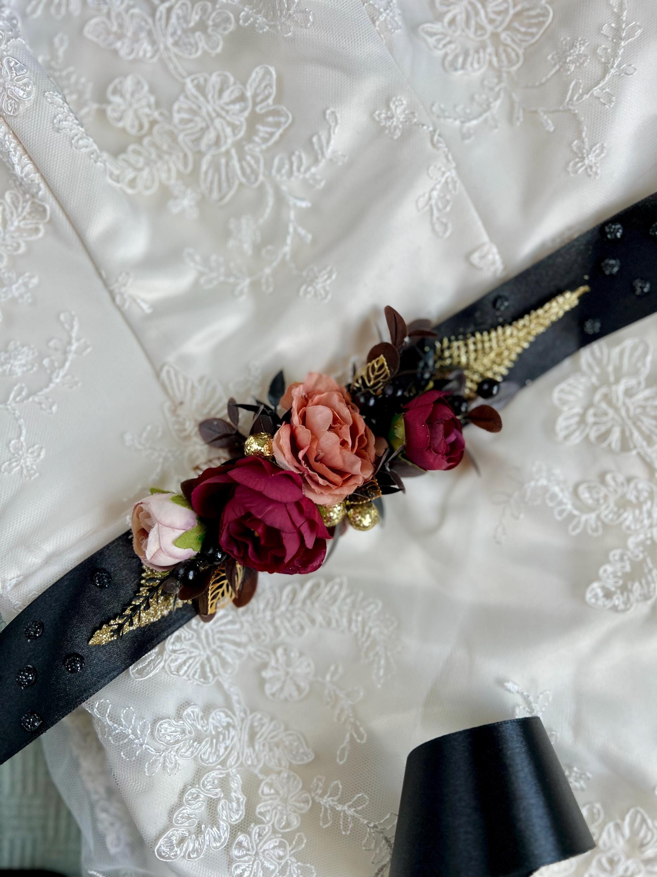 #340. Burgundy Floral Belt Real Flower Burgundy Belt – Scuffers main image 2