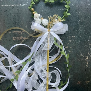 Flower Girl Wand: Heart, Butterfly, White & Gold Ribbon - Wedding Accessory