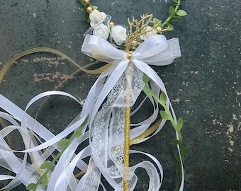 flower girl wand Magic wand Butterfly Wand Heart wands flower wand fairy wand princess wand White Gold ribbon wand wedding accessories
