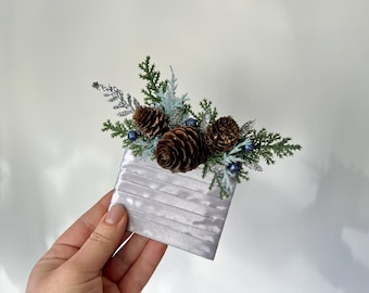 Pinecone Winter Wedding Boutonniere: Silver Pocket Square Buttonhole