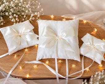 Ivory Satin Ring Bearer Pillow with Bow — Wedding Ring Pillow, Ring Holder Cushion