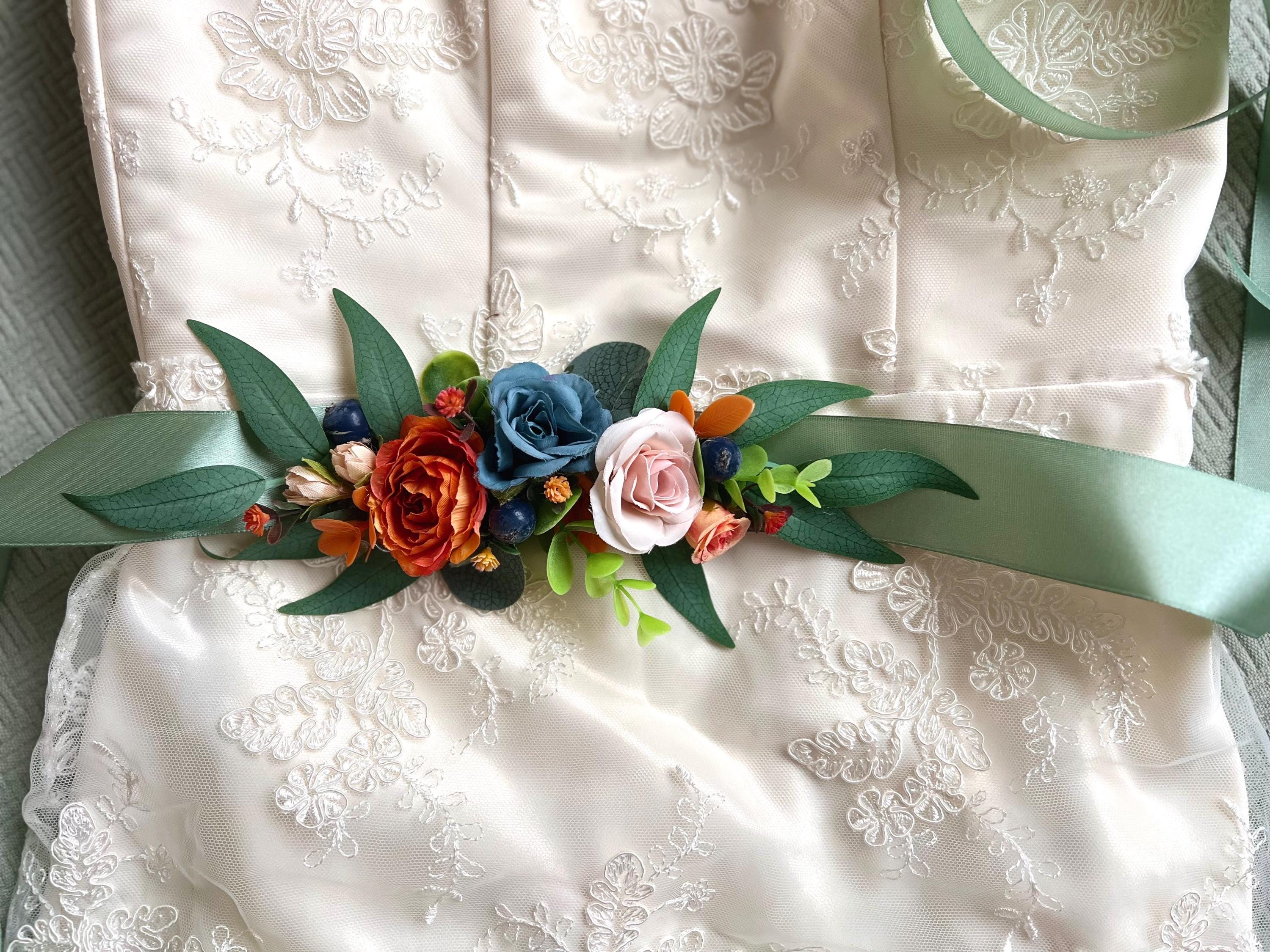 Orange Navy Floral Bridal Belt: Sage Green Ribbon Wedding  display picture 1