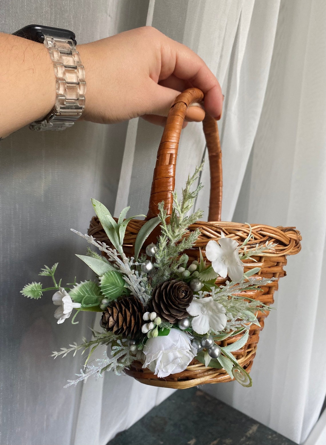 Winter Winter Flower Girl Basket Barn Wedding Pinecone Flower Etsy