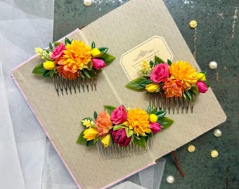 Tropische bruiloft haarkam bruiloftaccessoires verbrand geel, oranje en fuchsia