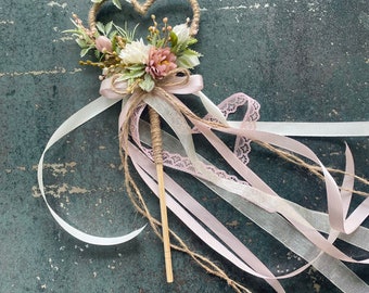 flower girl wand Magic wand Butterfly Wand flower wand fairy wand princess wand Dried flowers Boho ribbon wand blush wedding accessories