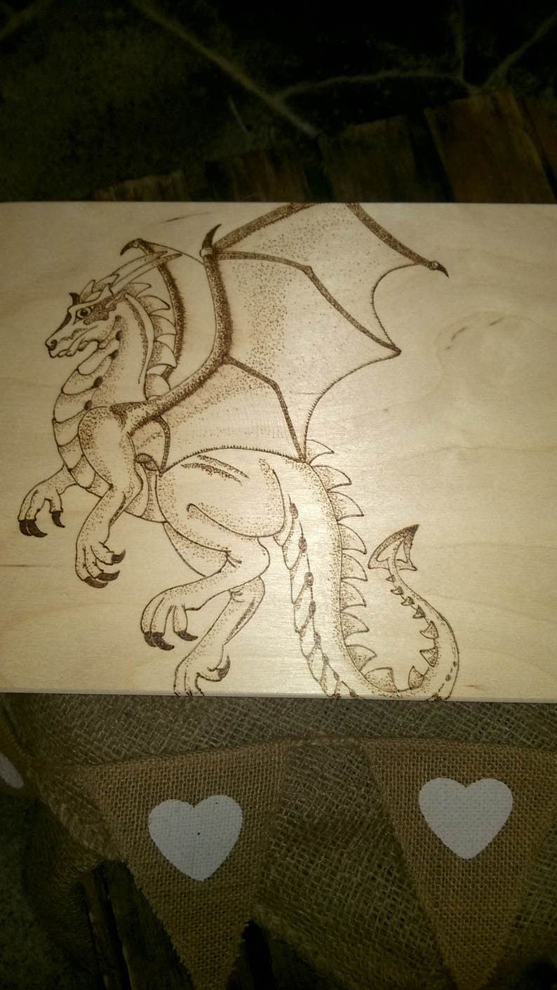 Large Wooden Memory Keepsake Box Dragons Engraved Pyrography Etsy