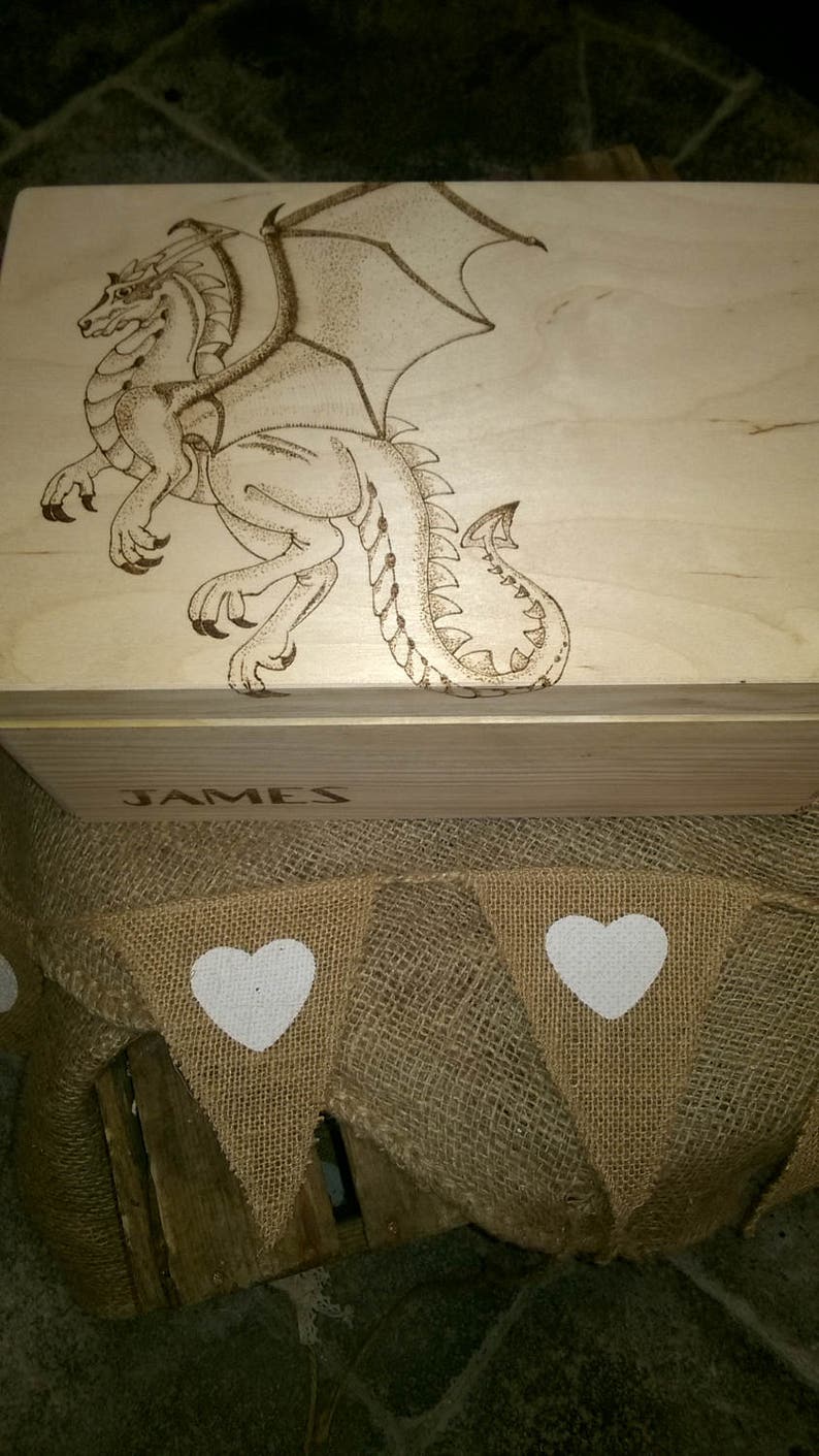 Large Wooden Memory Keepsake Box Dragons Engraved Pyrography Etsy UK