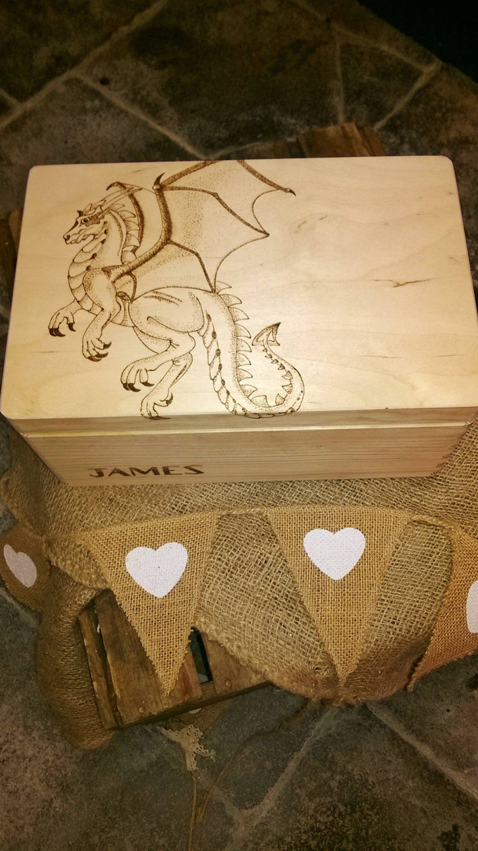 Large Wooden Memory Keepsake Box Dragons Engraved Pyrography Etsy