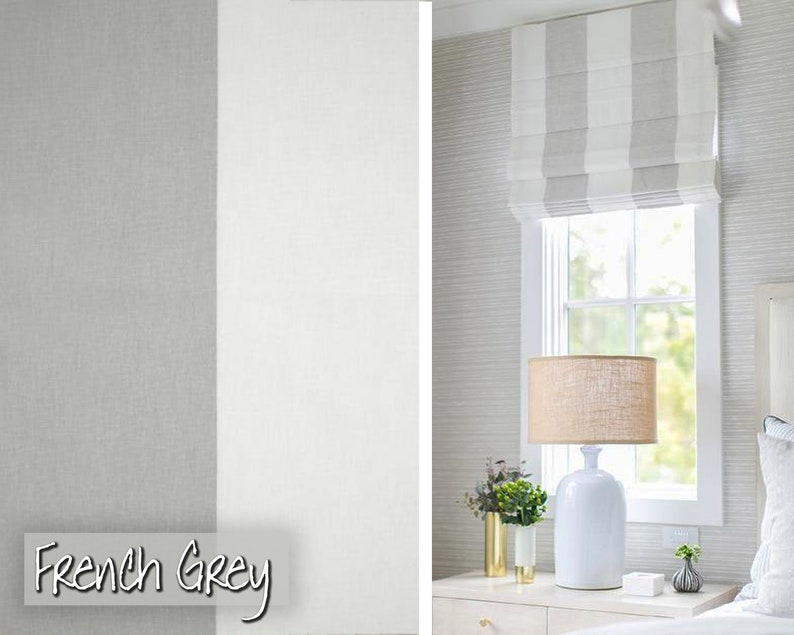 French Grey Broad Stripe Flat Roman Shades Custom Made To Etsy
