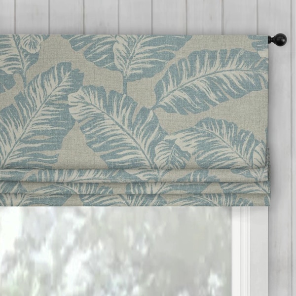 Faux (Fake) Roman Shade Valance in Chiquita Sail fabric, custom size width and length. Staple free construction with rings