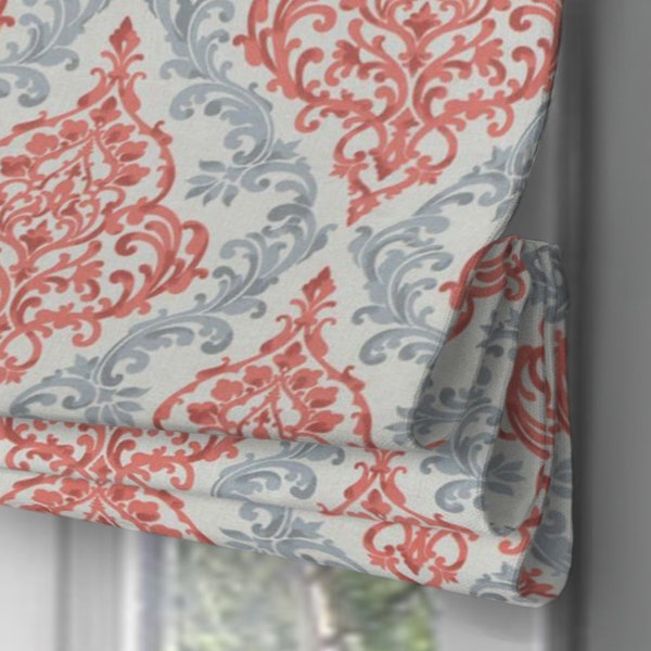 Faux (Fake) Roman Shade Valance in Anna Coral fabric, custom size width and length. Staple free construction with rings
