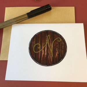 8 Bourbon Barrel note cards, can be personalized with initials
