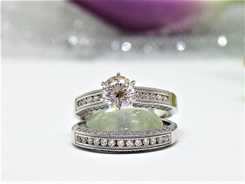 Round cut Vintage look pave set RAMONA Wedding Ring 1 ct Set Silver engagement ring set Rhodium coated simulated diamond