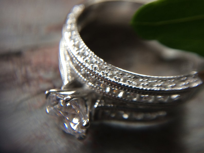 Round cut Vintage look pave set RAMONA Wedding Ring 1 ct Set Silver engagement ring set Rhodium coated simulated diamond