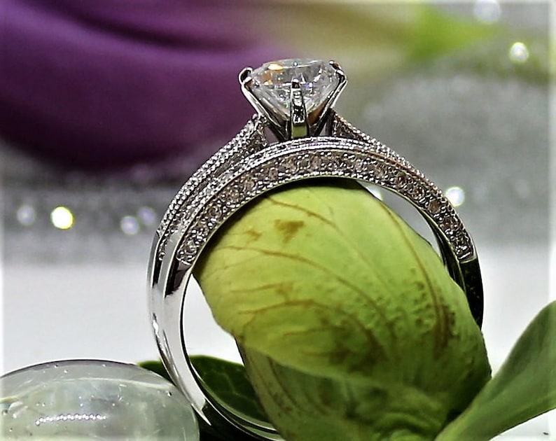Round cut Vintage look pave set RAMONA Wedding Ring 1 ct Set Silver engagement ring set Rhodium coated simulated diamond