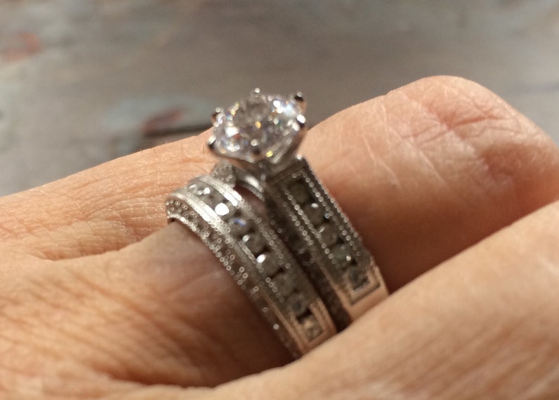 Round cut Vintage look pave set RAMONA Wedding Ring 1 ct Set Silver engagement ring set Rhodium coated simulated diamond