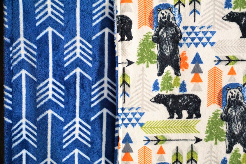 Bear Baby Blanket boy toddler blanket minky reversible woodland nursery blue tribal baby blanket arrow outdoor aventure nursery blue boy