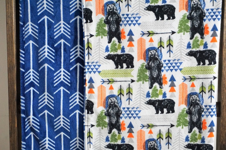 Bear Baby Blanket boy toddler blanket minky reversible woodland nursery blue tribal baby blanket arrow outdoor aventure nursery blue boy