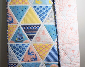 Baby girl quilt nautical toddler quilt adventure baby girl bedding toddler blue quilt nautical nursery blush handmade quilt hot air balloon