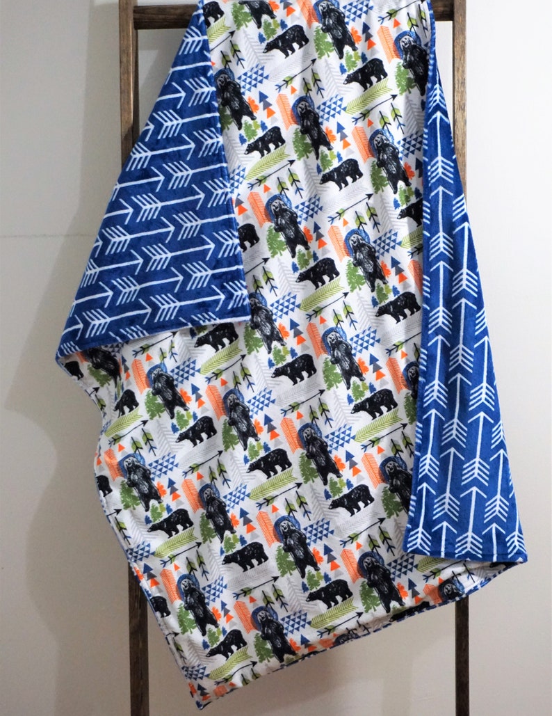 Bear Baby Blanket boy toddler blanket minky reversible woodland nursery blue tribal baby blanket arrow outdoor aventure nursery blue boy