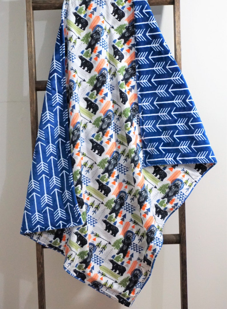 Bear Baby Blanket boy toddler blanket minky reversible woodland nursery blue tribal baby blanket arrow outdoor aventure nursery blue boy