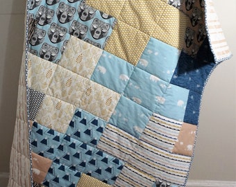 Baby boy quilt bear toddler boy quilt woodland camping quilt blue beige nursery woodland nursery bear handmade quilt adventure baby boy