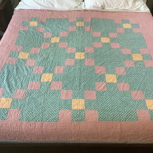 Vintage 1950s Irish Chain Quilt: Pink & Green Hand-Quilted Blanket (71” x 73”)