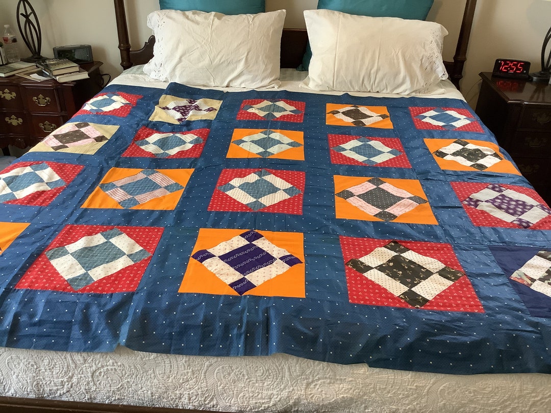 Beautiful Antique Quilt. Square Within a Square, Vivid Indigo/cadet Blue, Cheddar and Red Main