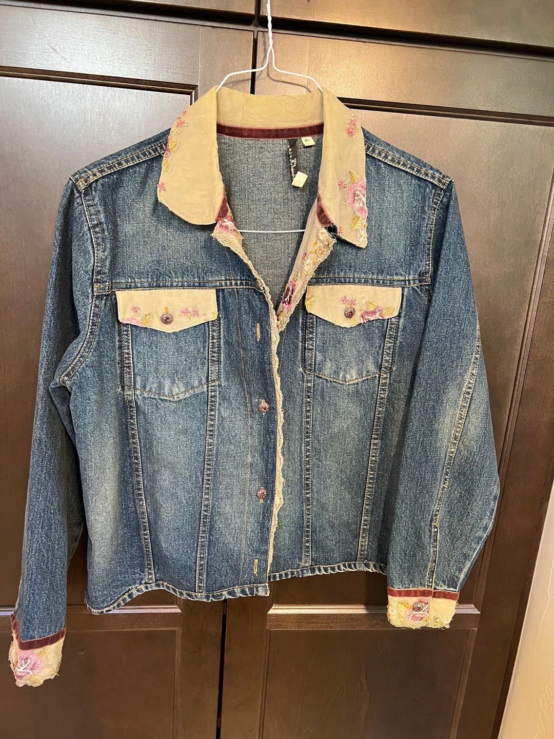 Denim Jacket Embellished With Embroidery and Plum Velvet. Etsy