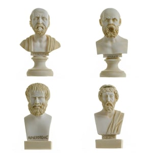 Set of Greek Philosophers Busts Socrates Aristotle Hippocrates Plato Alabaster Statues Gold Tone