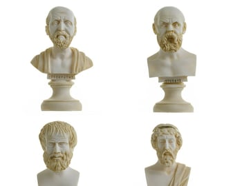 Set of Greek Philosophers Busts Socrates Aristotle Hippocrates Plato Alabaster Statues Gold Tone