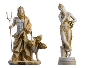 Set med Persefone gudinna och Pluto Hades underjordens herre staty guldfärgad